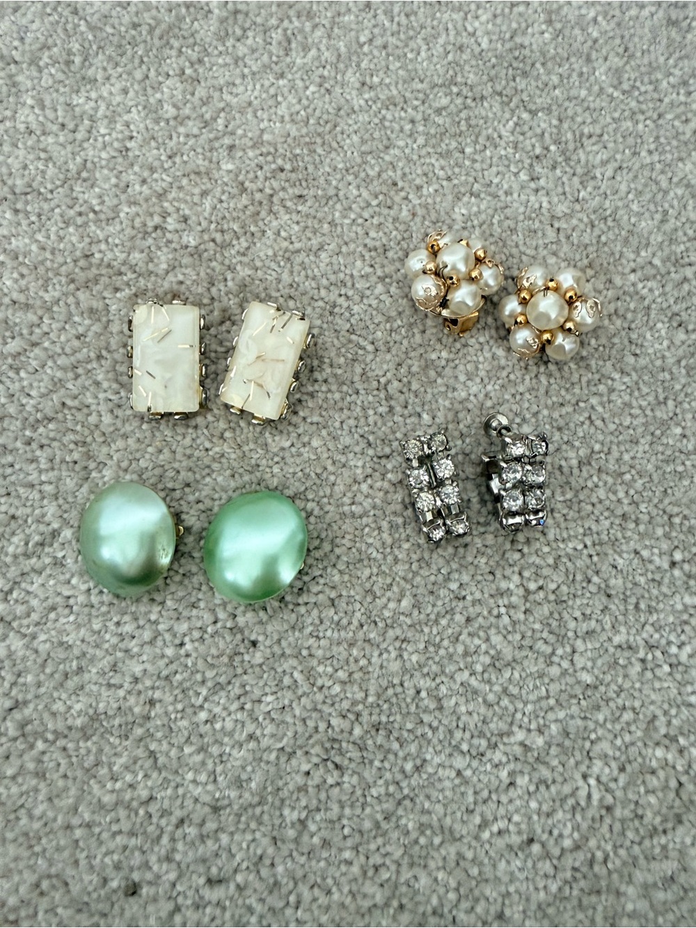 Vintage-Inspired Pearl, Rhinestone & Green Clip-On Earring Set - 4 pairs